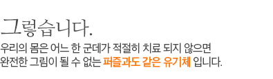 그렇습니다. 우리의 몸은 어느 한 군데가 적절히 치료 되지 않으면 완전한 그림이 될 수 없는 퍼즐과도 같은 유기체 입니다. 